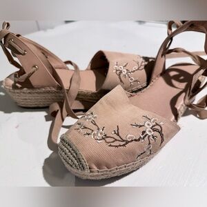 Embroidered peach Espadrille Lace-Up Sandals